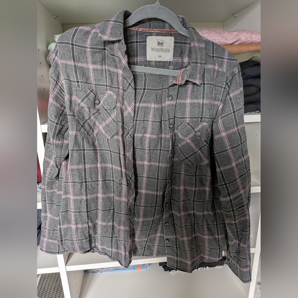 Women's Gray and Pink Plaid Button Down Shirt